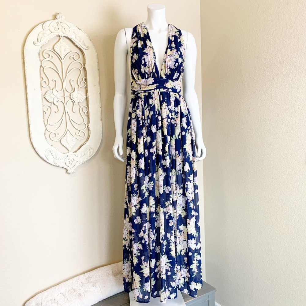 Aakaa | Women's Navy Floral Print Maxi Dress | Size: S